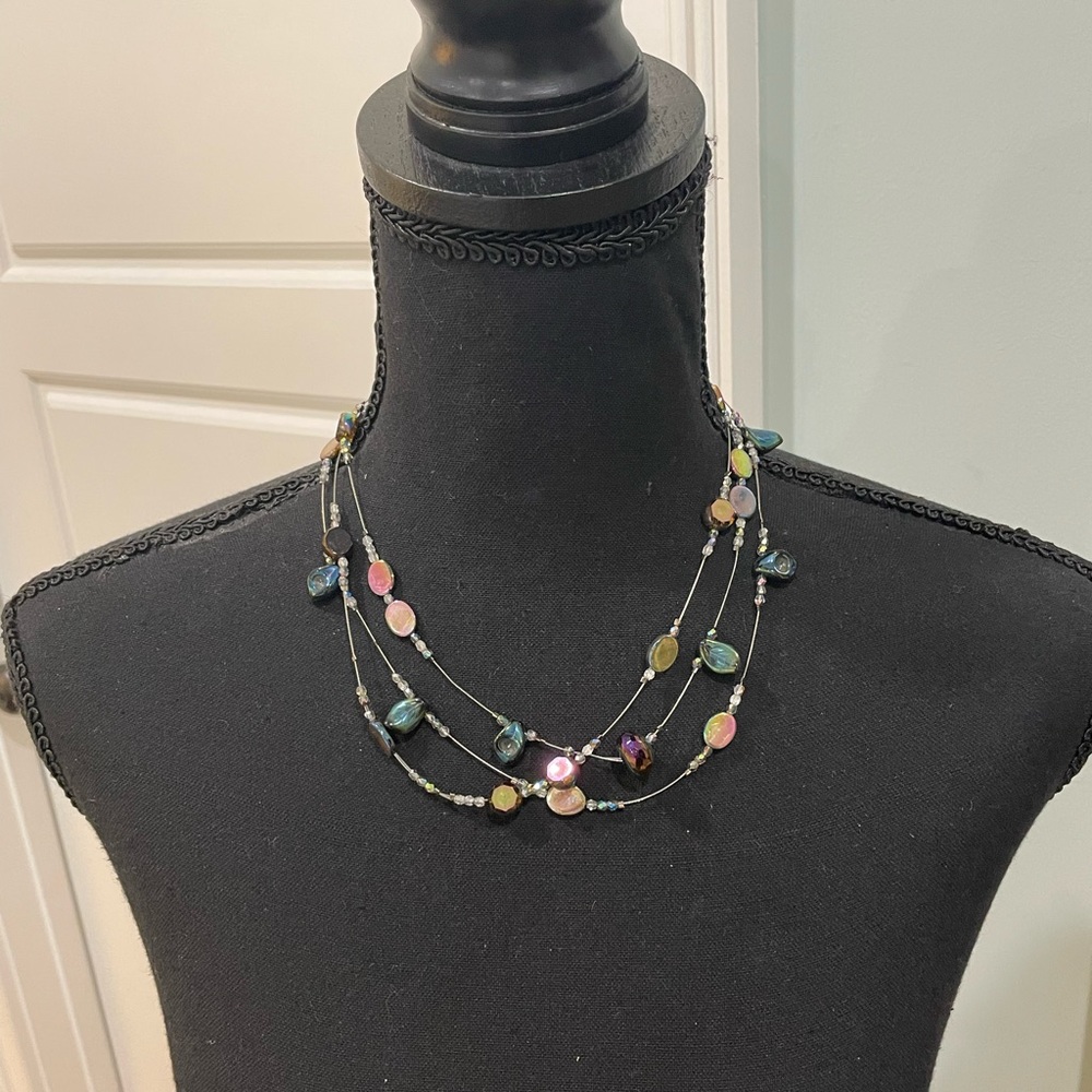 Unique Black iridescent stones on 3 strand wire necklace